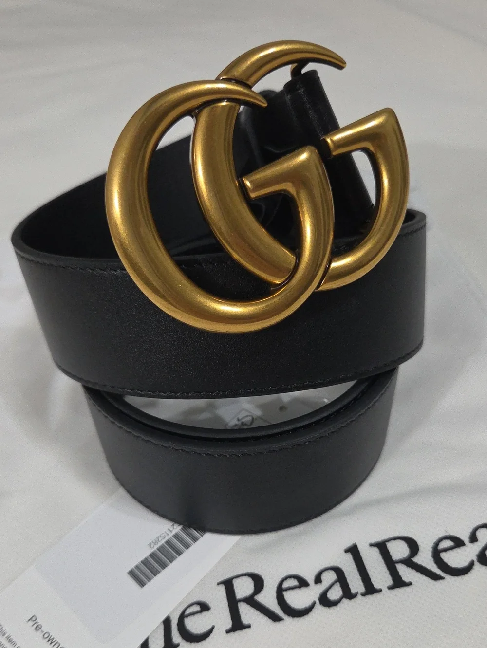 Gucci Black Leather Marmont Belt Gold Double GG Buckle 95cm